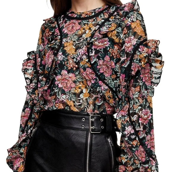 NWOT BLOGGERS FAVORITE Topshop Floral Ruffle Blouse Small - Picture 1 of 3